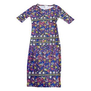 LuLaRoe Julia Dress XXS Blue Pink Yellow Floral Patchwork Scoop Neck NWT